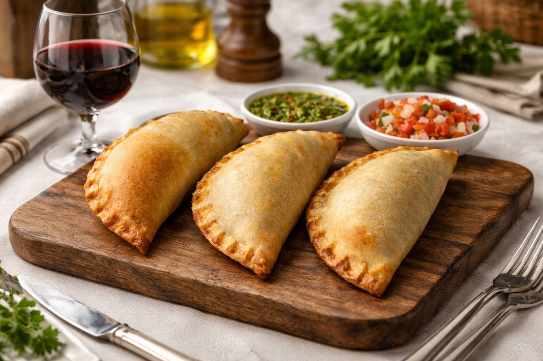 Three golden-brown empanadas arranged on a wooden serving board with a glass of red wine, olive oil, and traditional Argentine condiments including Chimichurri.