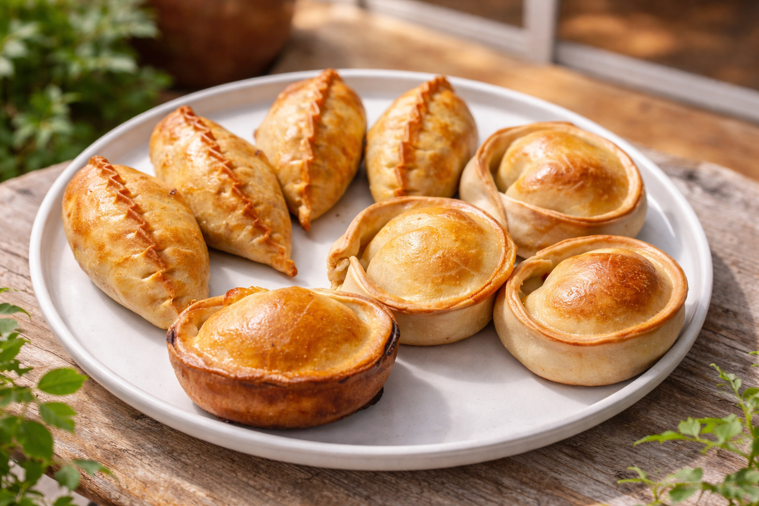 Freshly baked Argentinian empanadas with beef and triple cheese on a plate in natural light, premium Argentum empanadas in Sydney.