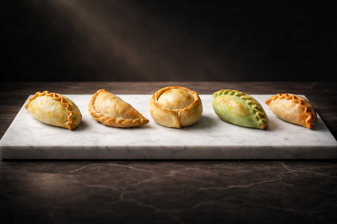 Five Argentum empanadas lined up on a white marble board, showcasing different shapes and pastry colours including golden and green varieties, against a dark moody background