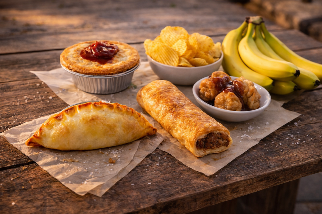 Comparison of Australian snack options including empanada, sausage roll, meat pie, potato chips and fresh bananas on rustic wooden table