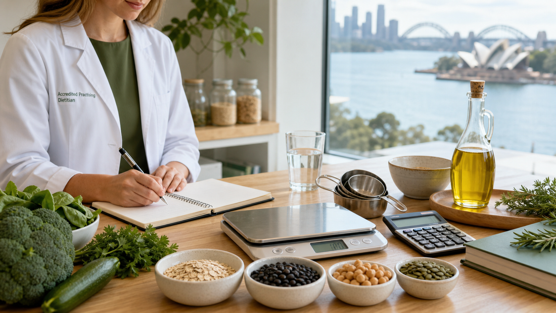A dietitian reviews ingredients, portions and nutrition calculations at a bright Sydney kitchen table.