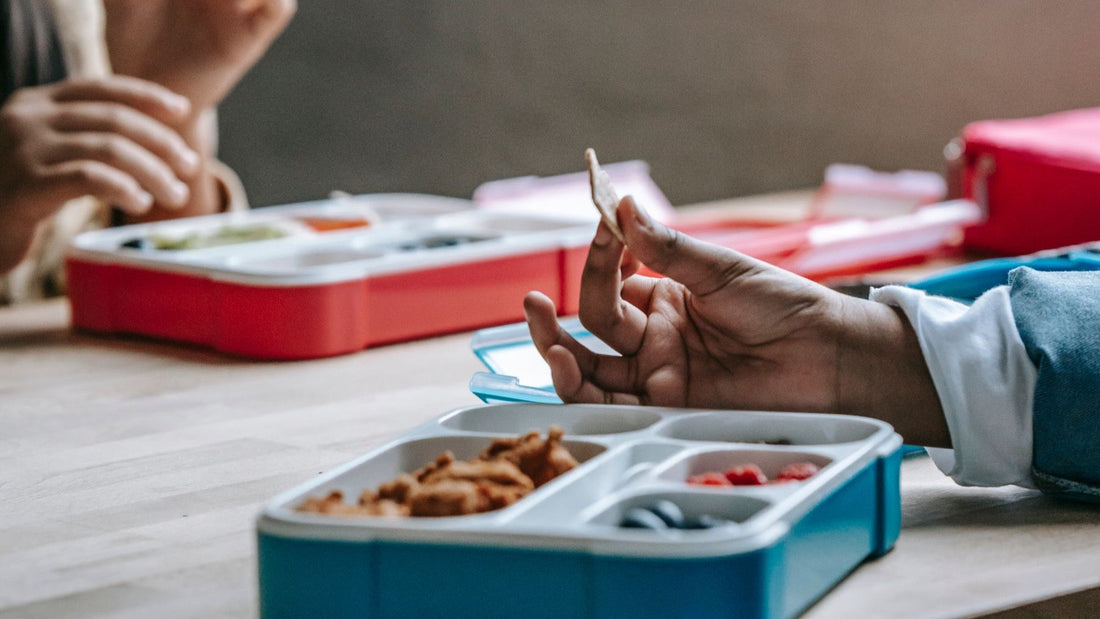 Two students eat from colourful compartmented lunch boxes during a school lunch break.