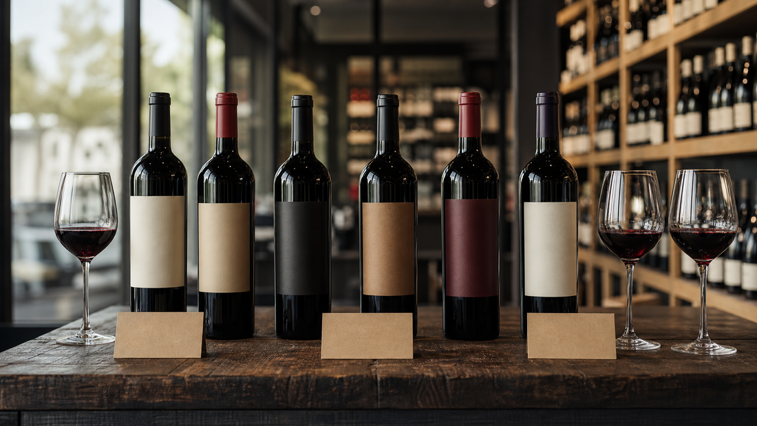 Unlabelled red wine bottles and tasting glasses arranged on a timber counter.