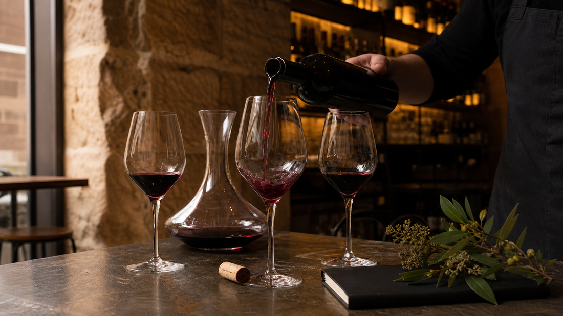A sommelier pours red wine into tasting glasses beside a decanter at an intimate Sydney sandstone wine bar.