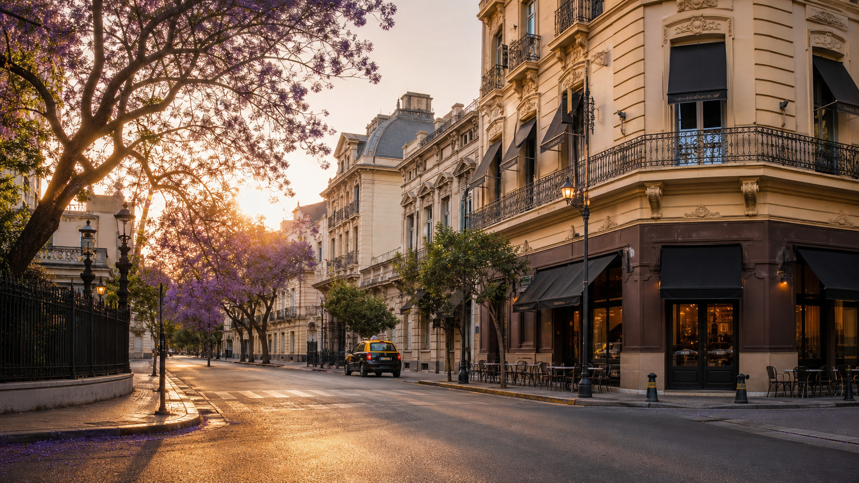 Elegant Buenos Aires streetscape with jacaranda trees and traditional architecture at golden hour.