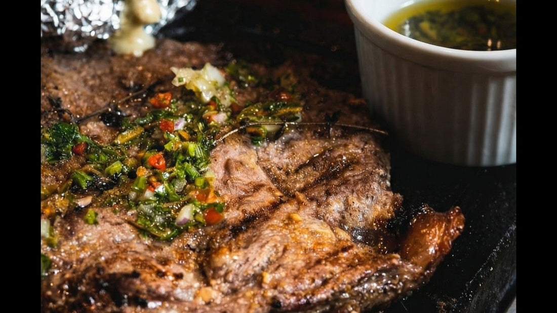 Grilled steak is generously spooned with fresh chimichurri beside a small bowl of sauce.