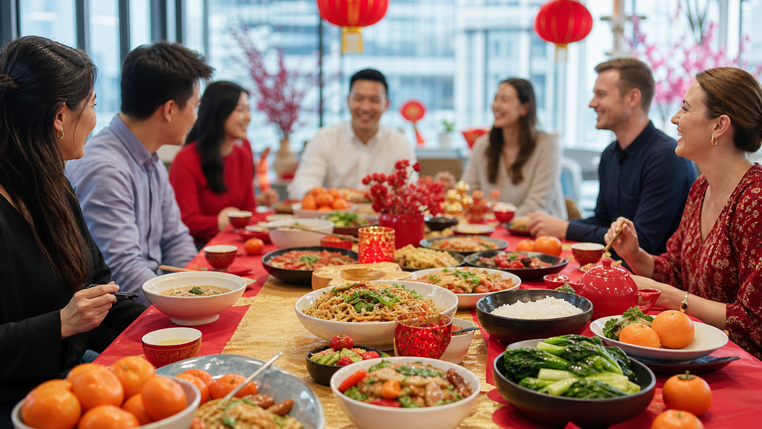 Colleagues sharing noodles, rice, vegetables, tea and mandarins at a red-and-gold Lunar New Year lunch.