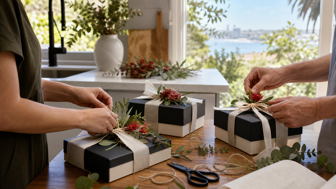Two people wrap closed charcoal and cream gift boxes with linen ribbon, eucalyptus and red native flowers in a sunny Sydney kitchen.