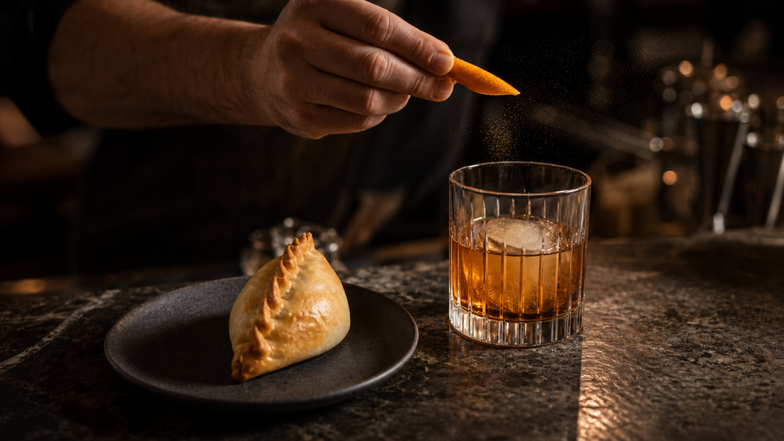 A bartender expresses orange peel over an amber cocktail beside one sealed golden empanada on a dark ceramic plate.