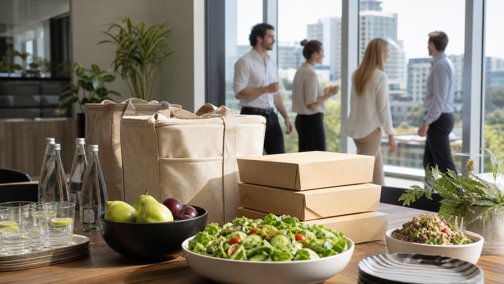 Reusable catering bags, closed boxes, salads, fruit and sparkling water prepared for a Bondi Junction office lunch.