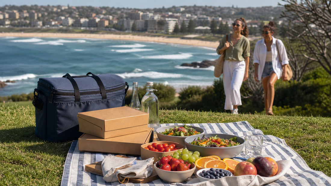 Friends share salads, fruit and sparkling water beside closed picnic boxes overlooking Coogee Beach.