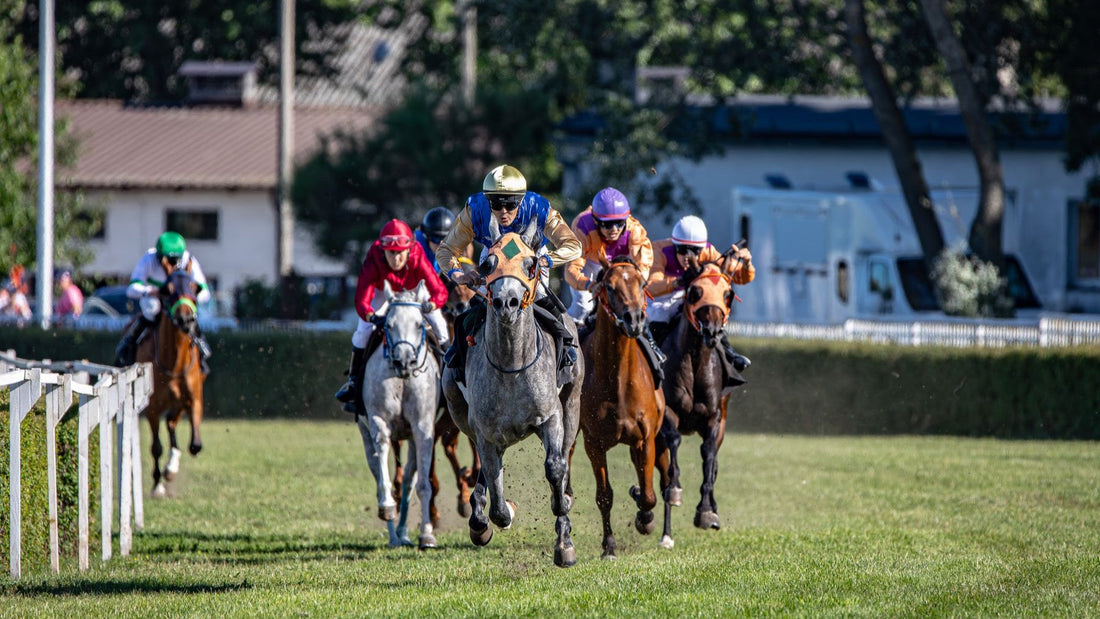 Thoroughbred horses and jockeys race across a green turf track, reflecting Randwick's race-day identity.