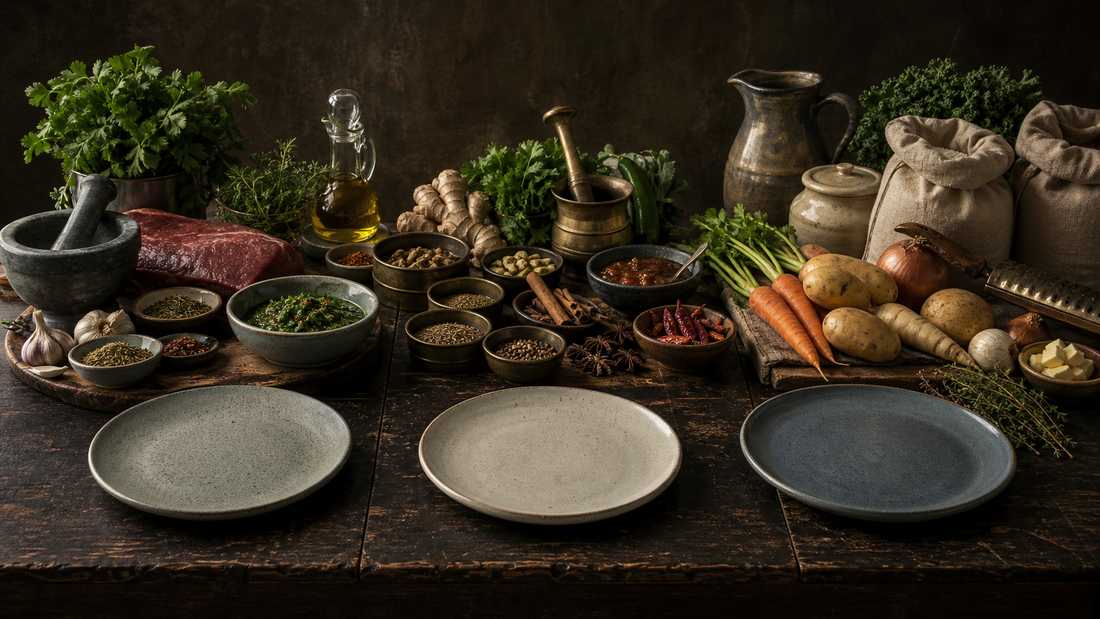 Three ingredient stations compare Argentine, South Asian and Cornish culinary traditions without showing finished pastries.