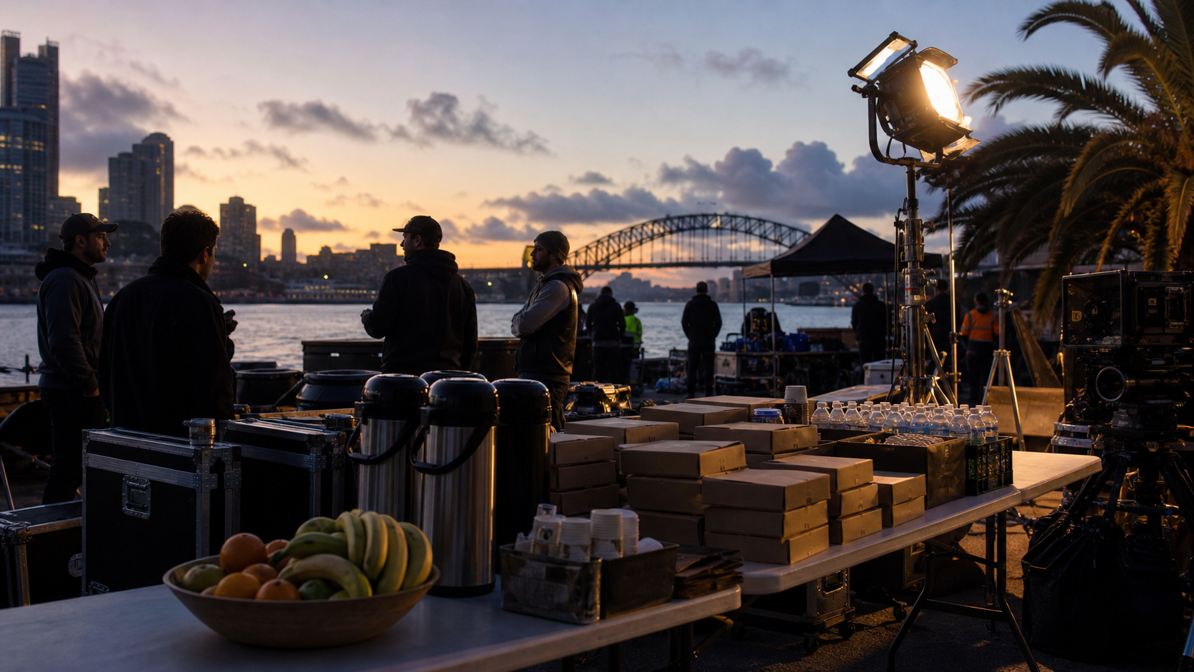 Film crew catering station with closed meal boxes, coffee urns, fruit and water beside Sydney Harbour at dawn.