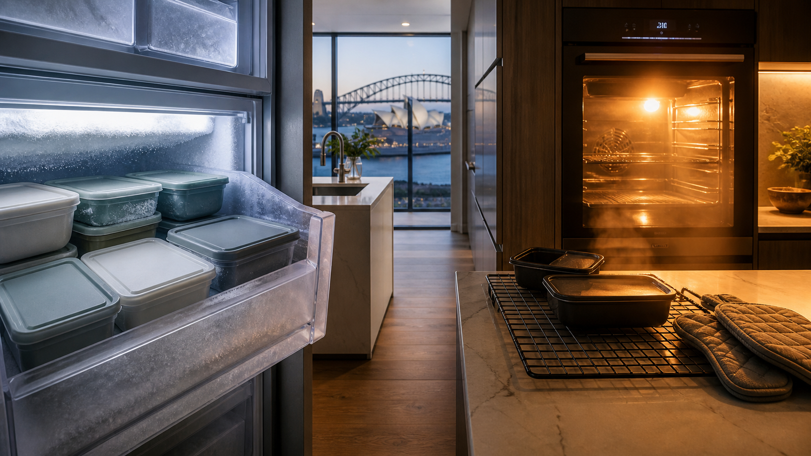 A cool home freezer and a warmly lit oven illustrate frozen storage and fresh baking side by side.