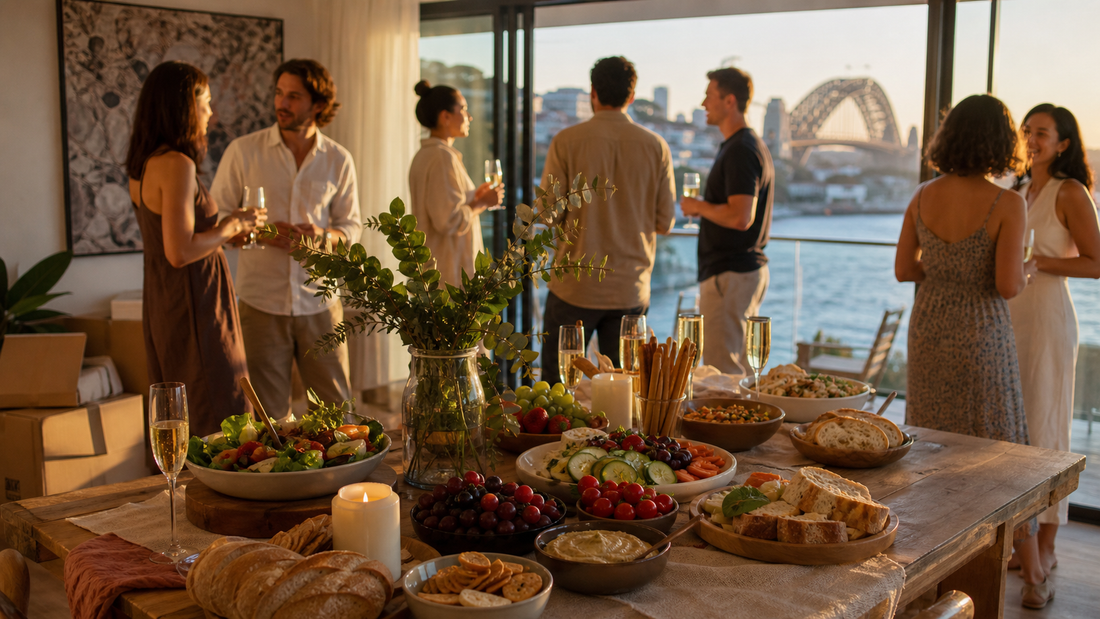Friends gathering around a generous housewarming table in a Sydney apartment overlooking the Harbour Bridge.