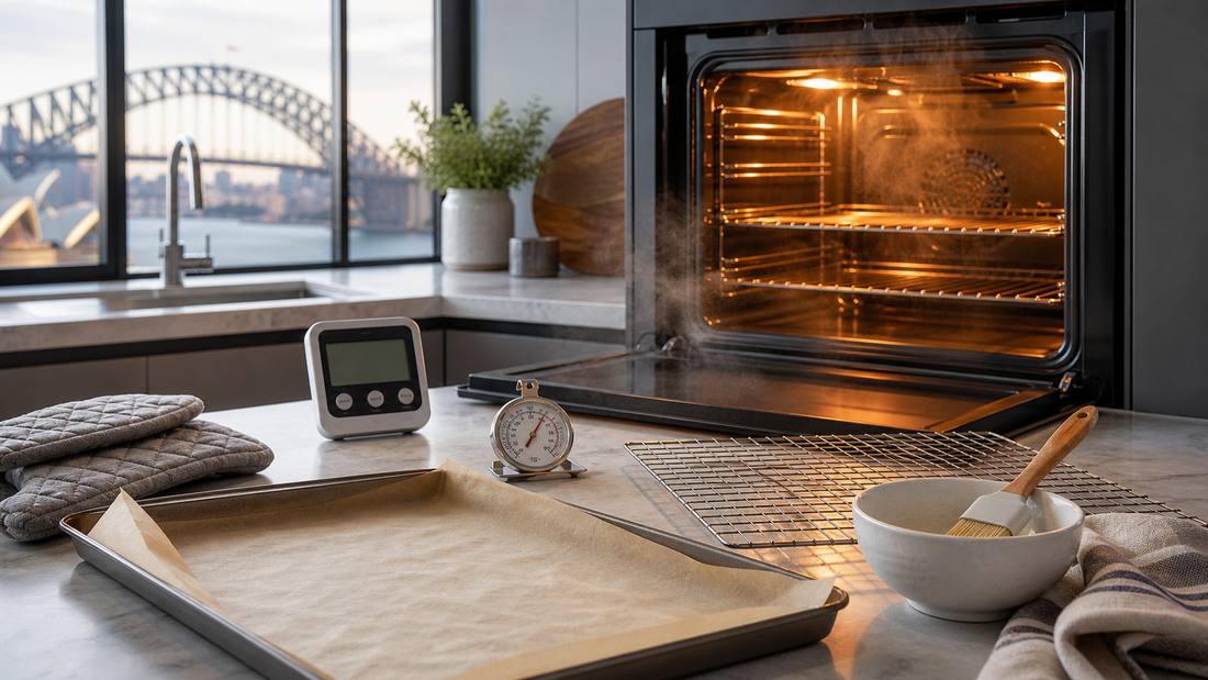 An empty parchment-lined tray, oven timer, thermometer and cooling rack arranged beside a warm home oven.