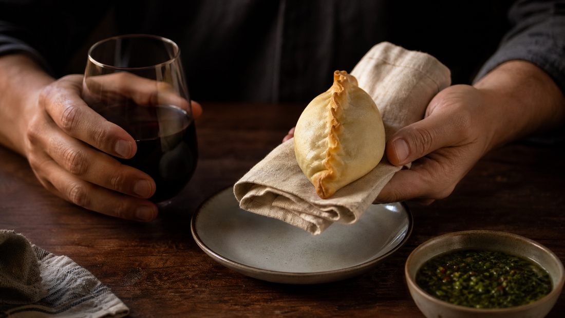 A hand holds one sealed golden Argentum-style empanada on a linen napkin beside a glass of Malbec and chimichurri.