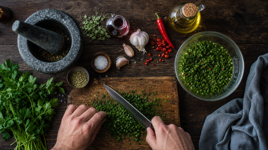 Fresh parsley, oregano, garlic, chilli, vinegar and olive oil arranged around a bowl of chimichurri.