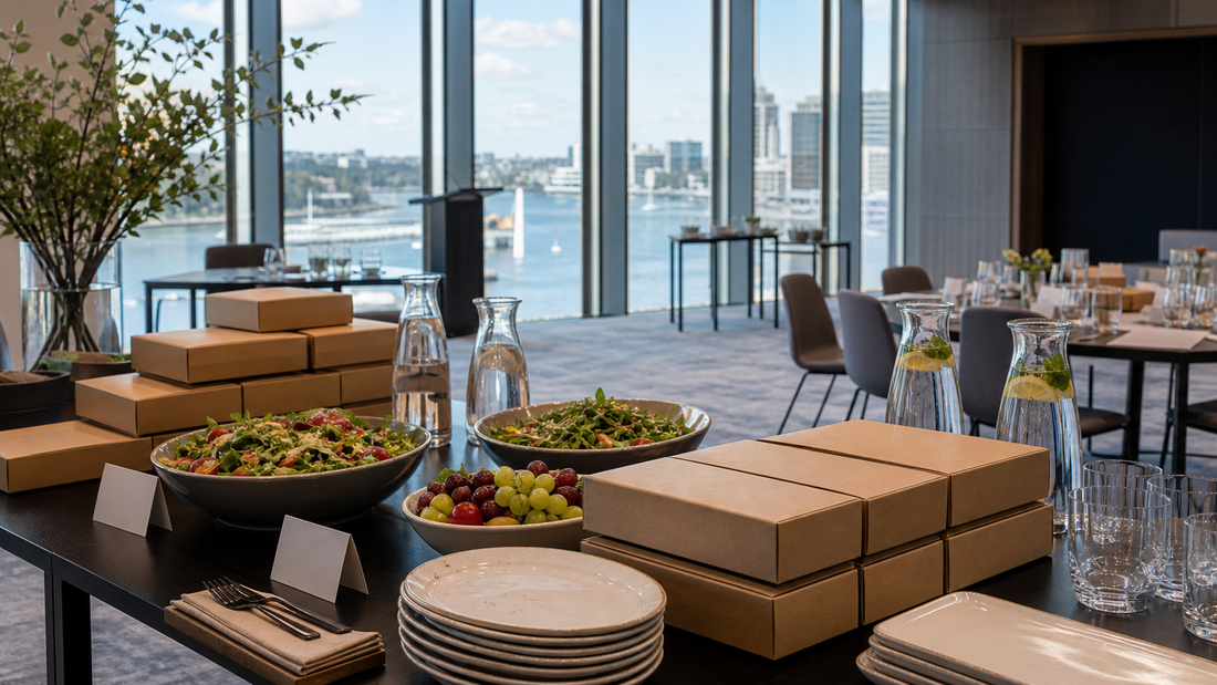Corporate breakout catering with closed meal boxes, salads, fruit and water overlooking Darling Harbour.