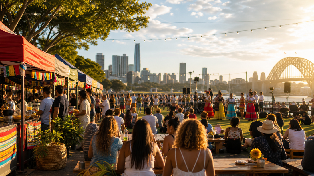 Sydney Latin American community gathering beside the harbour with colourful stalls and performances.