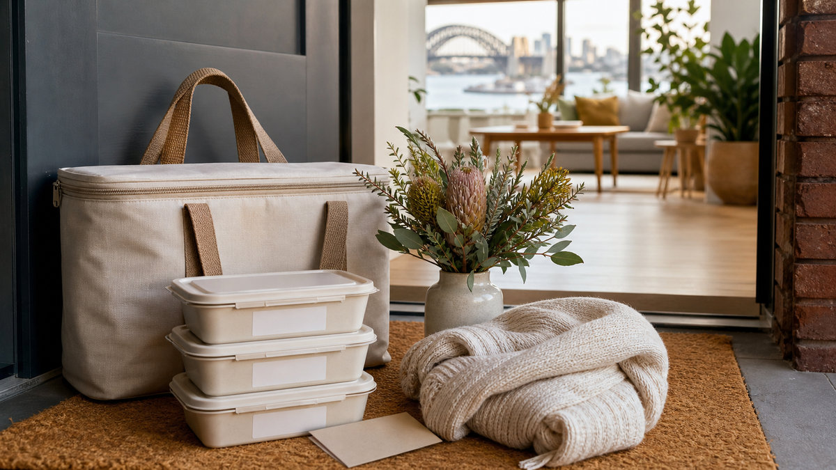 Reusable food-delivery bag and closed containers at a Sydney apartment doorway.