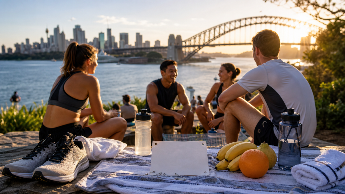 Runners resting beside Sydney Harbour with shoes, water, towels, bananas and oranges after a morning run.