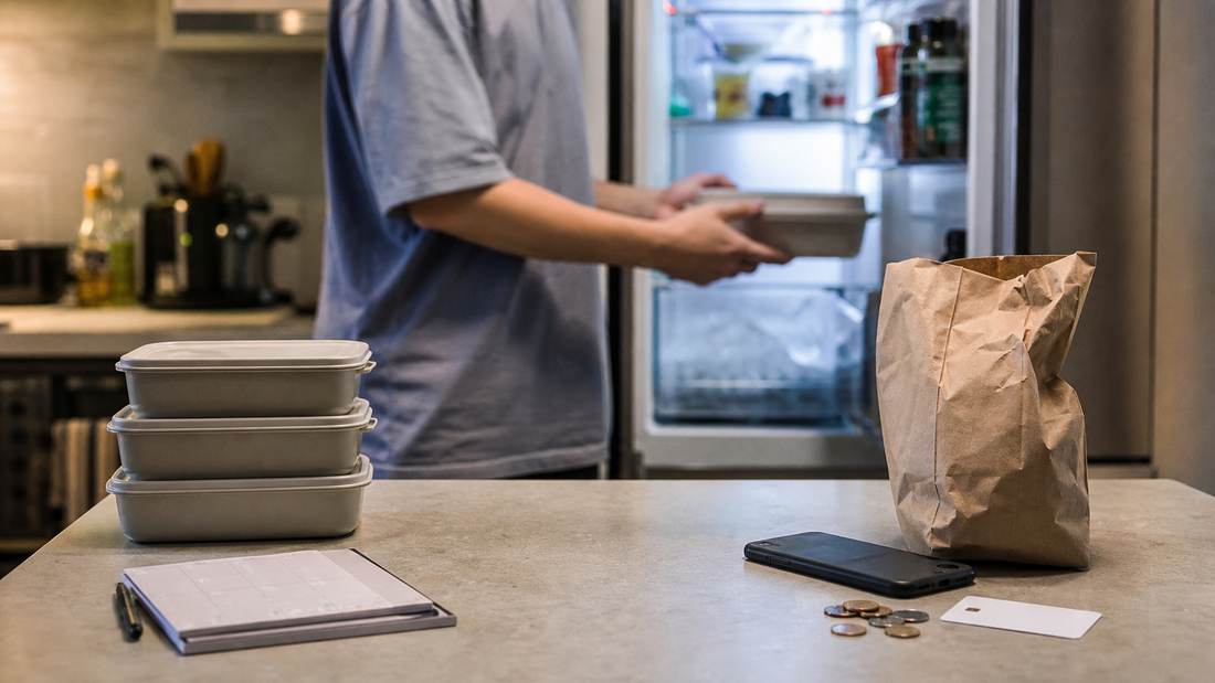 A person stores reusable meal containers beside a planner, contrasted with a crumpled takeaway bag, phone and loose change.