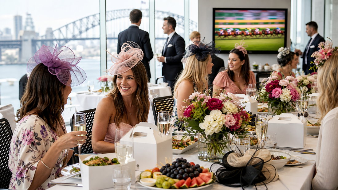 Sydney office race-day lunch with fascinators, flowers, fruit, sparkling wine and closed catering boxes.