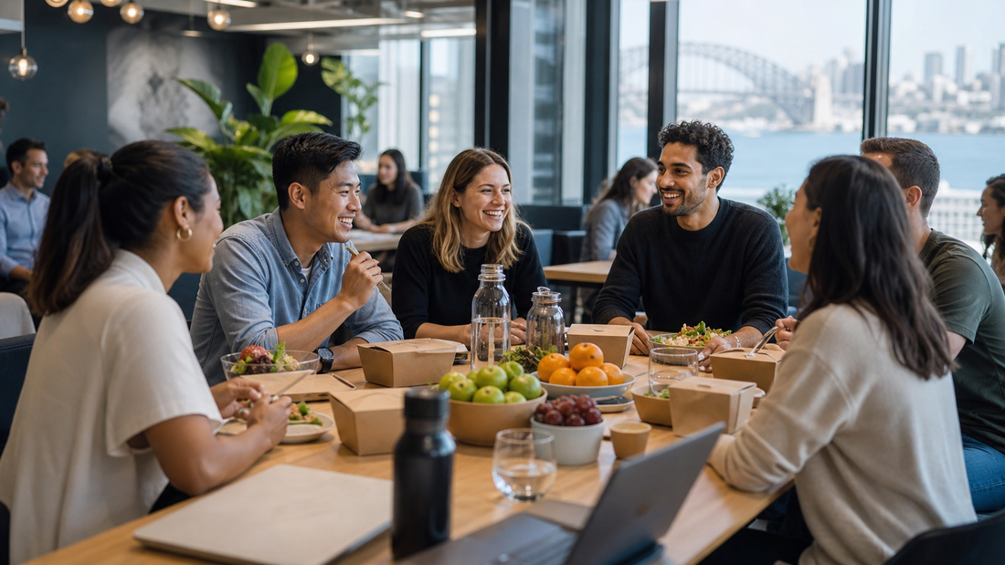 Colleagues sharing salads, fruit and closed lunch boxes in a modern Sydney workspace.
