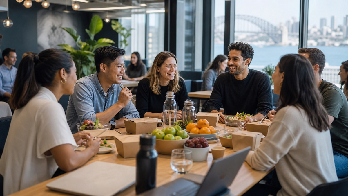 Colleagues sharing salads, fruit and closed lunch boxes in a modern Sydney workspace.