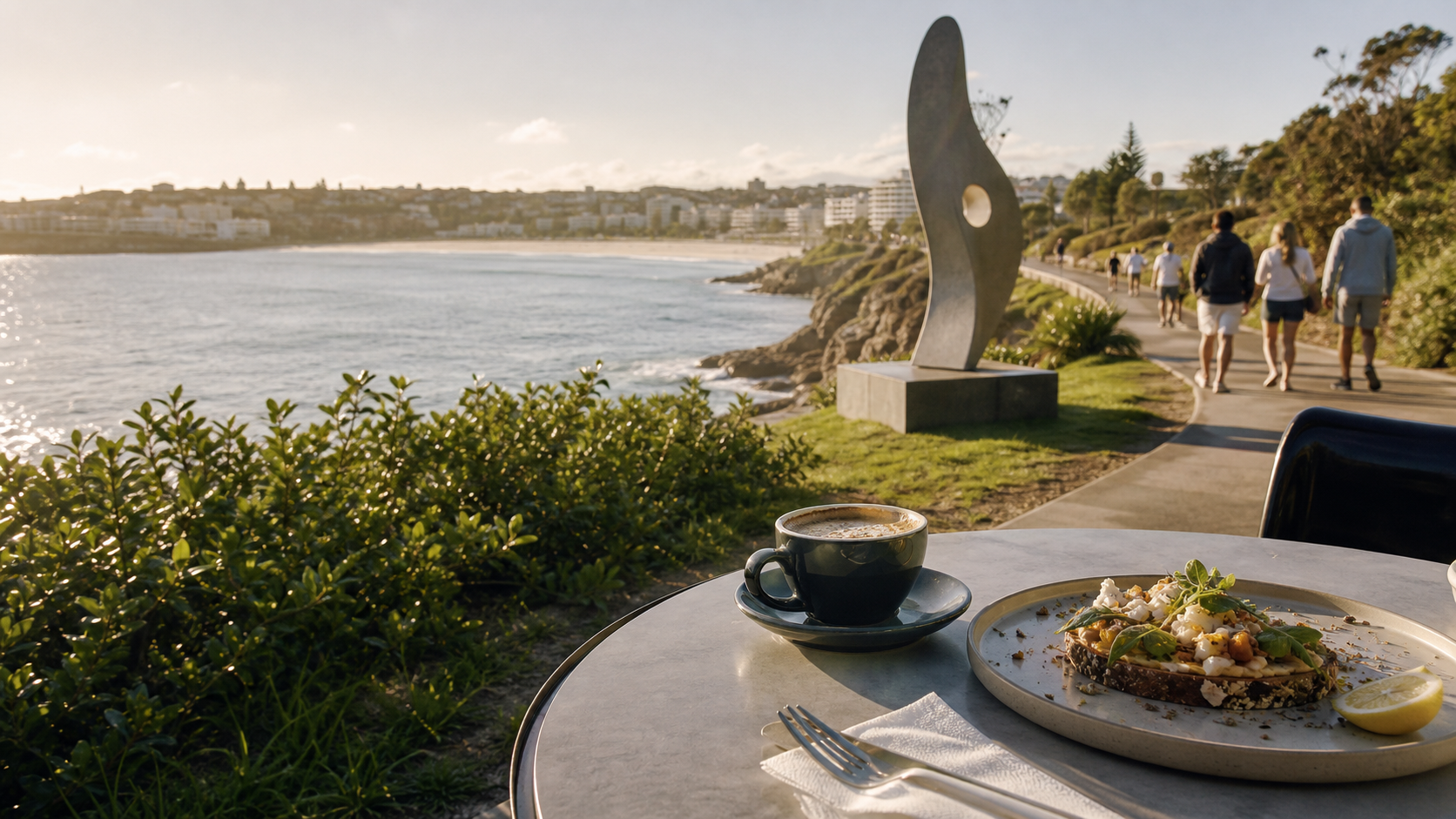 Morning café table overlooking the Bondi to Tamarama coastal walk and an abstract outdoor sculpture.