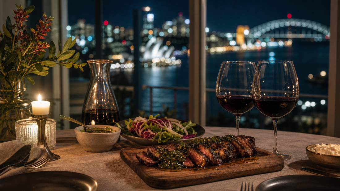 Candlelit steak, chimichurri, salad and Malbec dinner for two overlooking Sydney Harbour at night.