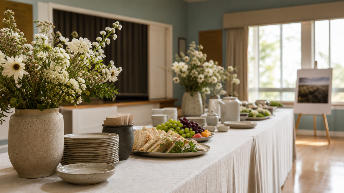 Respectful memorial reception table with white flowers, tea, sandwiches, fruit and stacked ceramic plates.