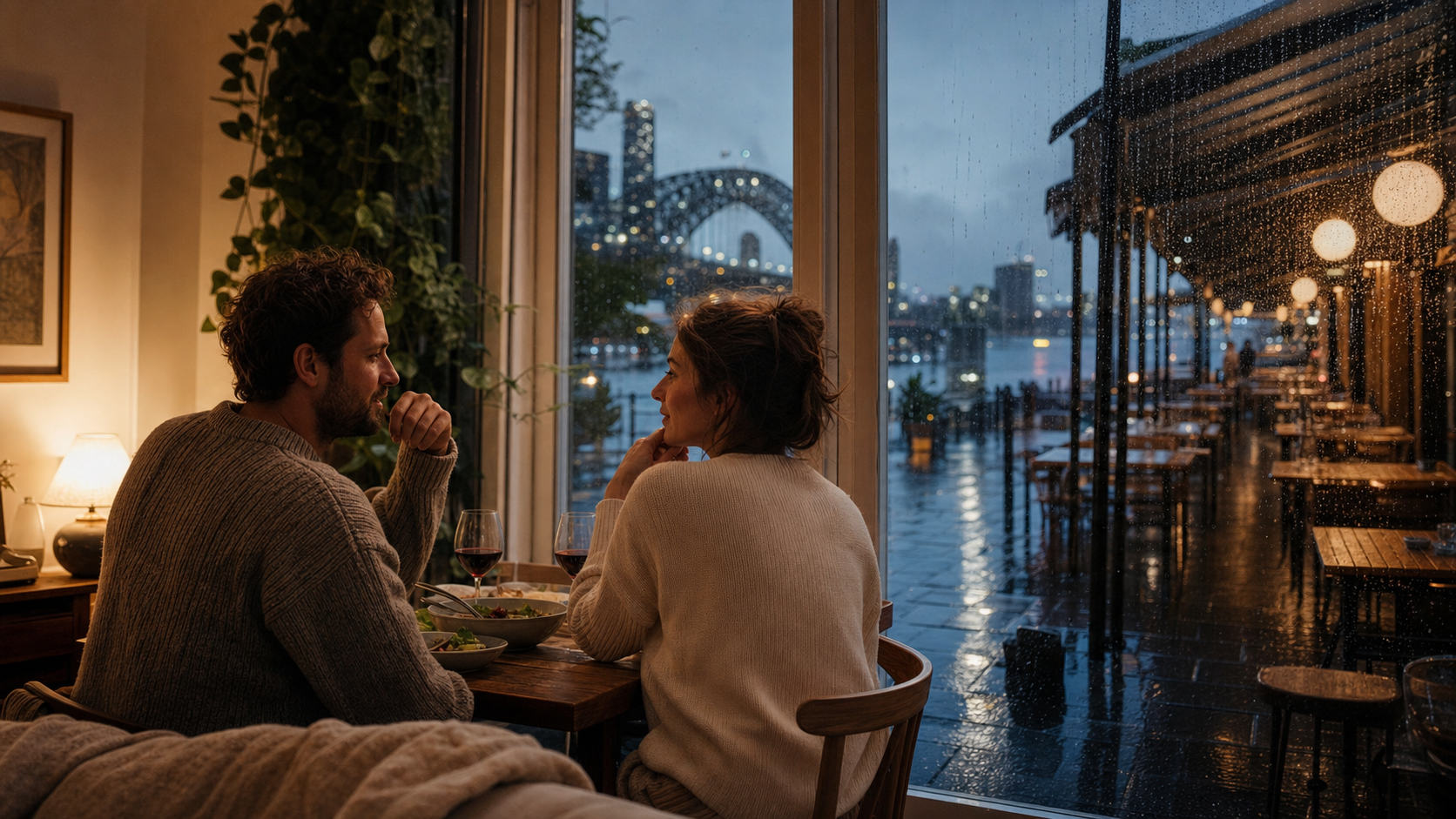 A couple enjoys dinner at home on a rainy Sydney evening while an empty restaurant terrace sits beyond the window.