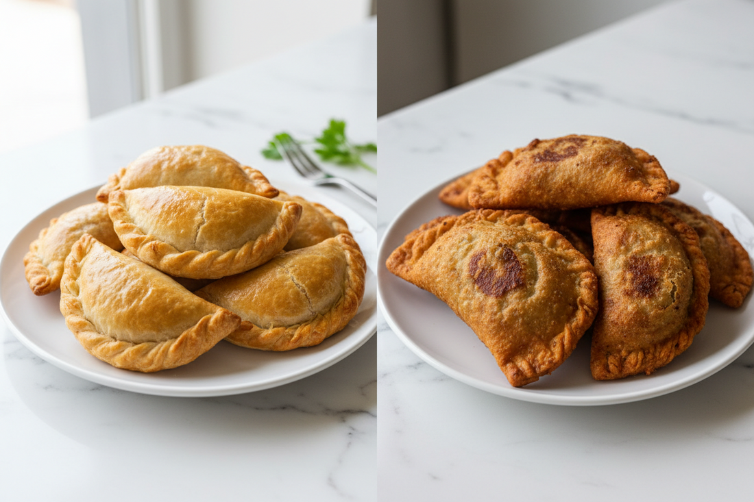 Side-by-side comparison of baked empanadas on the left showing pale golden colour and fried empanadas on the right showing darker golden-brown colour, illustrating the visual differences between cooking methods