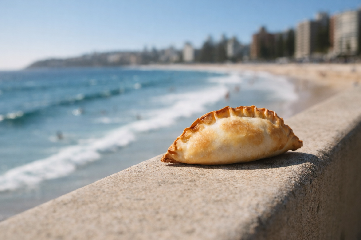 Premium Argentinian empanada on Sydney beach showcasing golden baked pastry with traditional repulgue fold and structural integrity