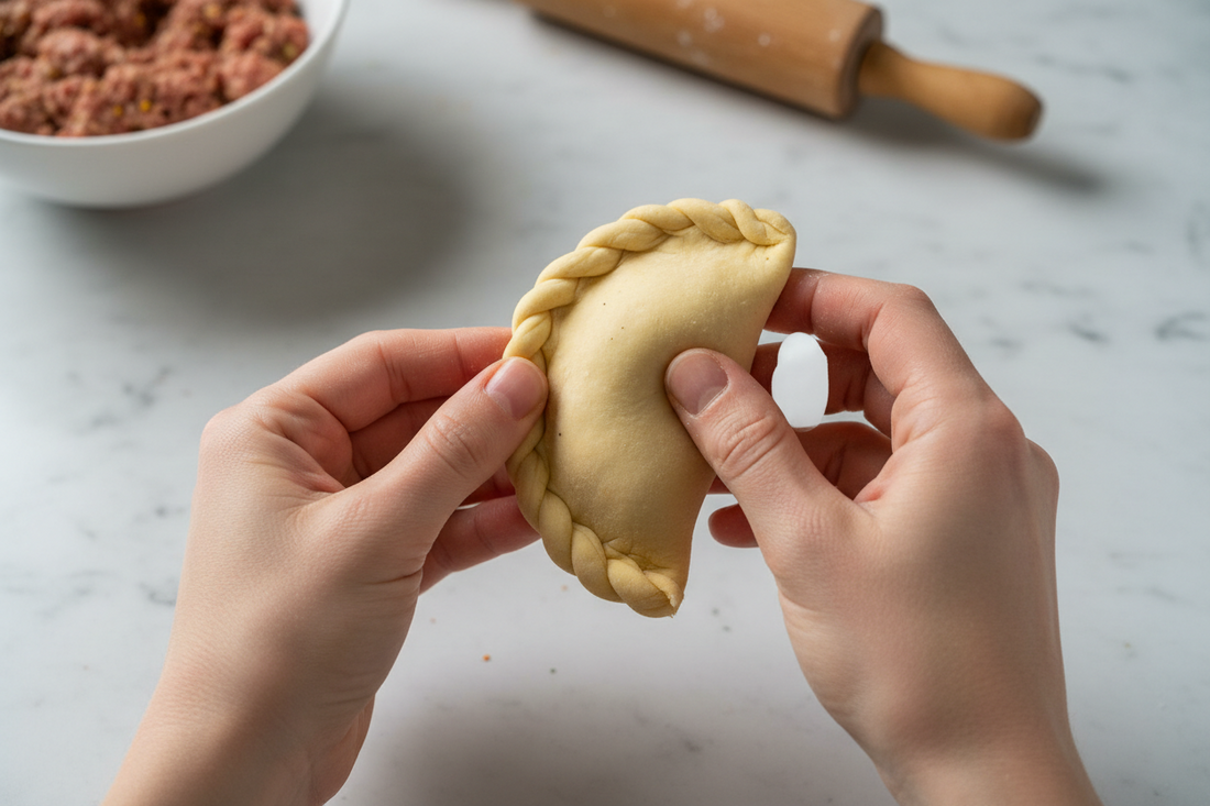 Hands folding an empanada with a traditional repulgue braided edge, showing the crimping technique used to seal the dough over a marble work surface with filling bowl in background