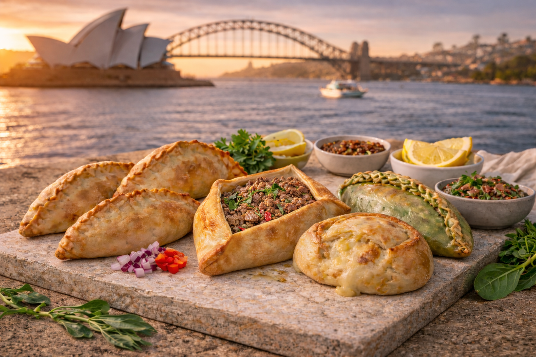 Argentinian empanadas displayed on Sydney Harbour with Opera House and Harbour Bridge at sunset - ideal boat party catering