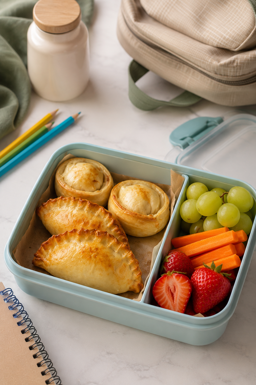 A blue school lunch box packed with an empanada and child-friendly sides.