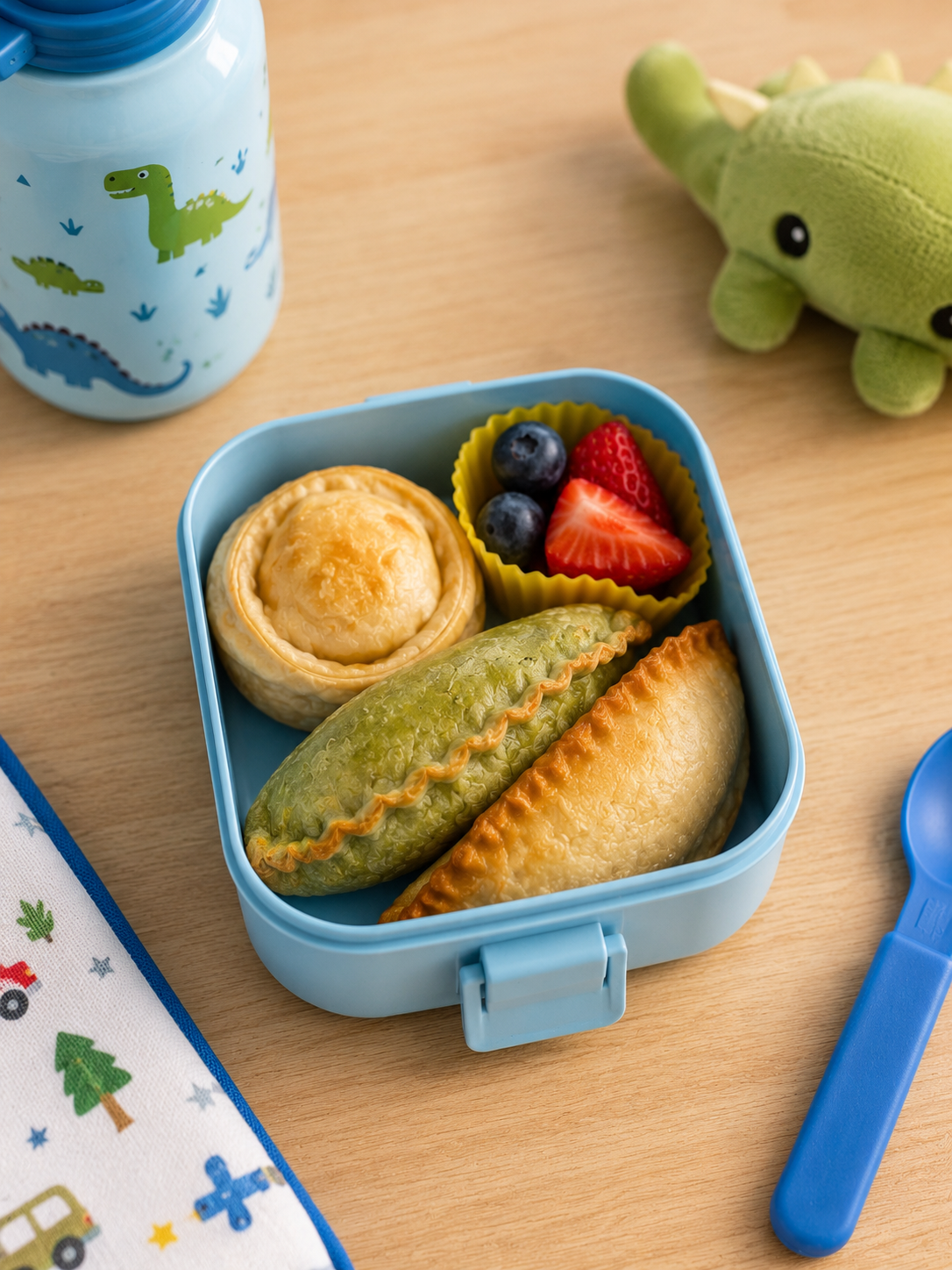 A colourful vegan school lunch box packed with plant-based snacks.