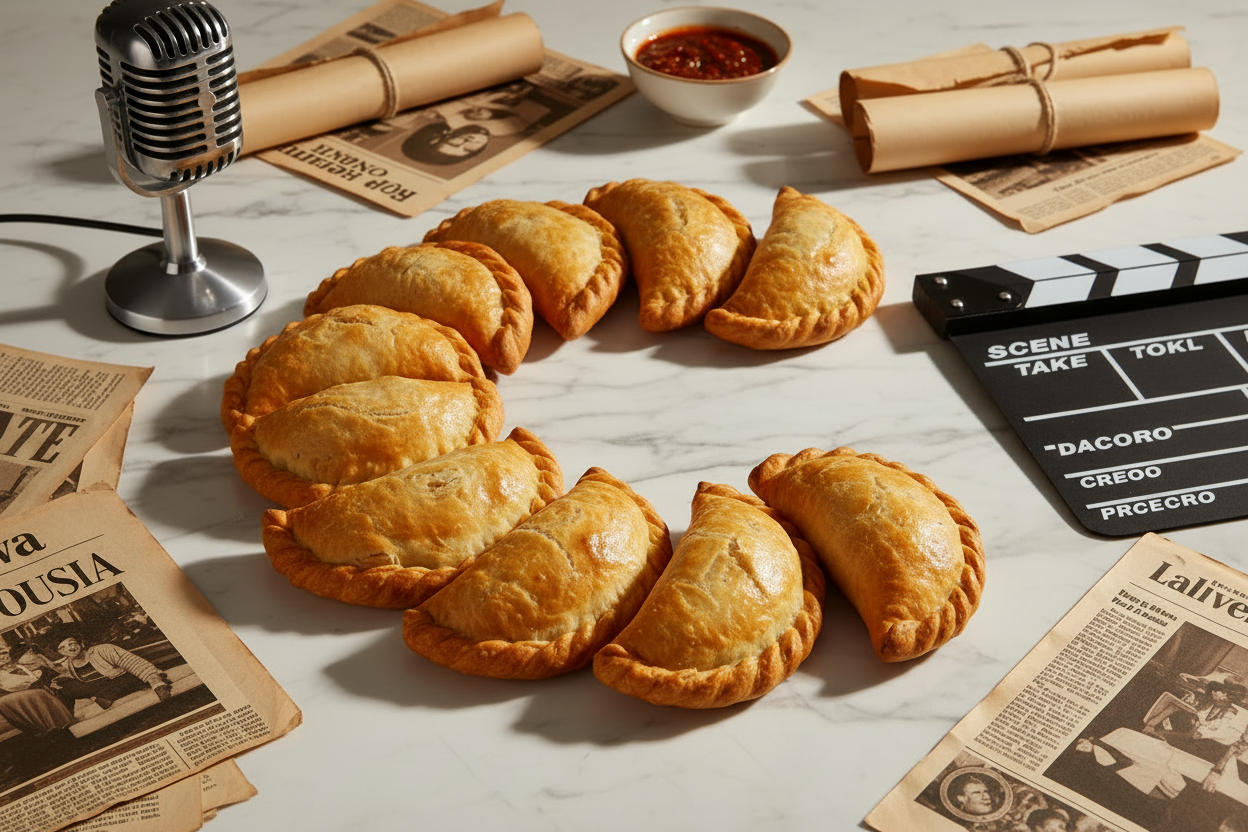 Golden Argentinian empanadas arranged on white surface with vintage microphone, film clapperboard, and old newspapers creating a cultural storytelling
