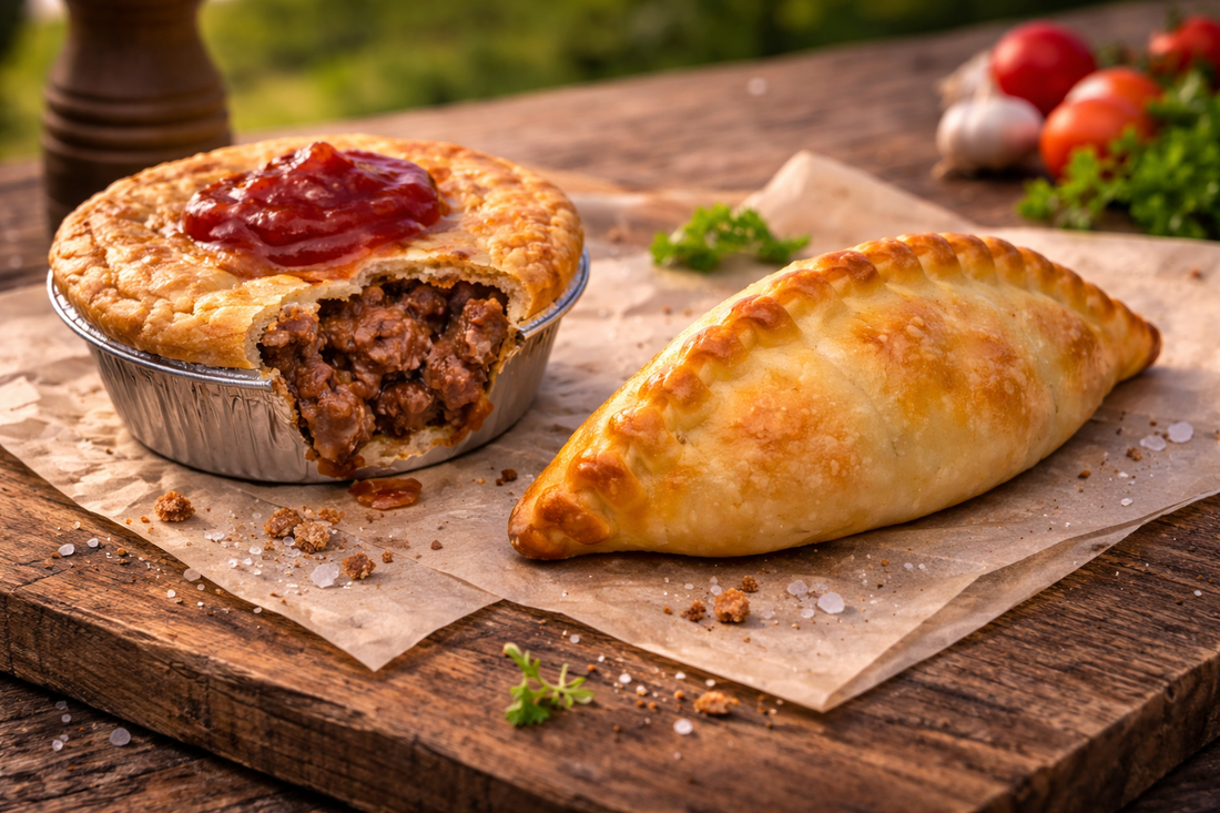 A traditional Australian meat pie beside a baked Argentinian empanada for comparison.