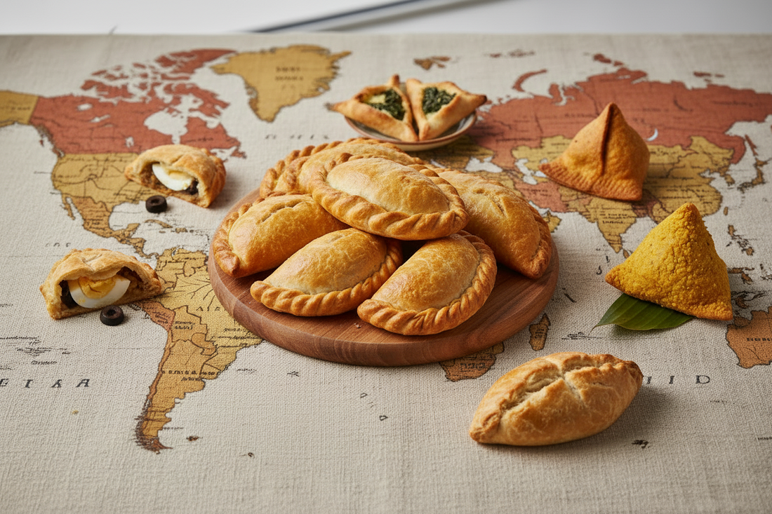 Assortment of golden-baked empanadas and international pastry variations including samosas and fatayer arranged on a wooden board over a world map, illustrating global empanada styles and traditions