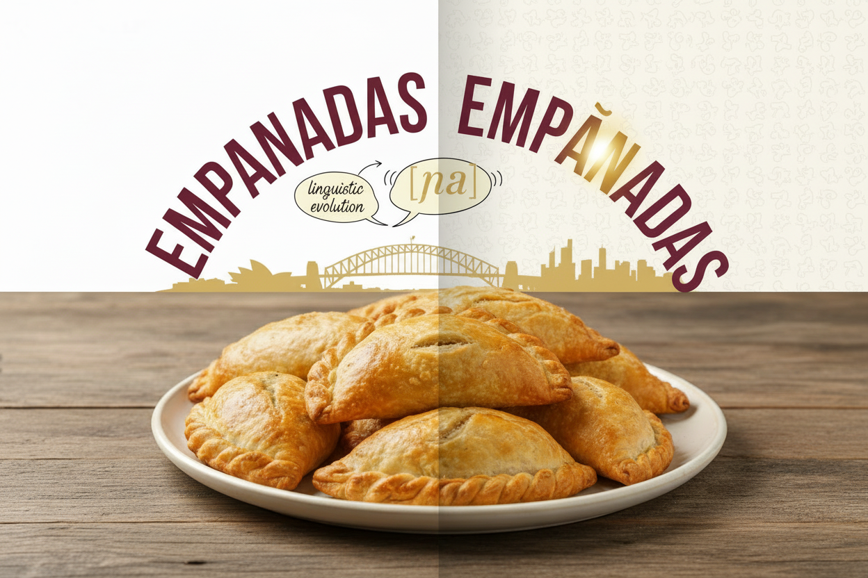 Wide blog header image showing golden baked empanadas with a signpost “empanadas” and “empañadas,” illustrating an article about why Australians pronounce empanadas differently and the Sydney food culture behind it.