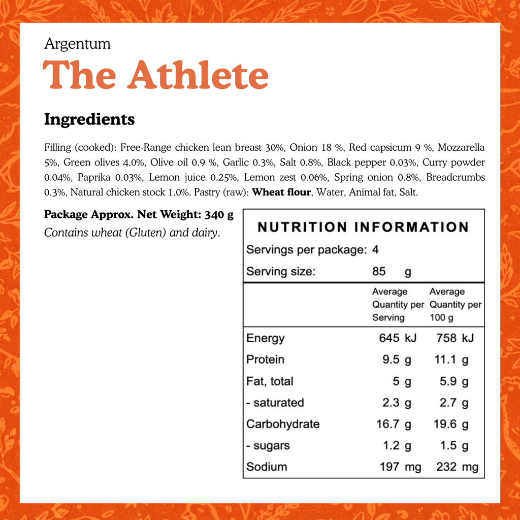 Nutrition label for 'The Athlete' free range chicken product by Argentum with ingredients and nutritional information.