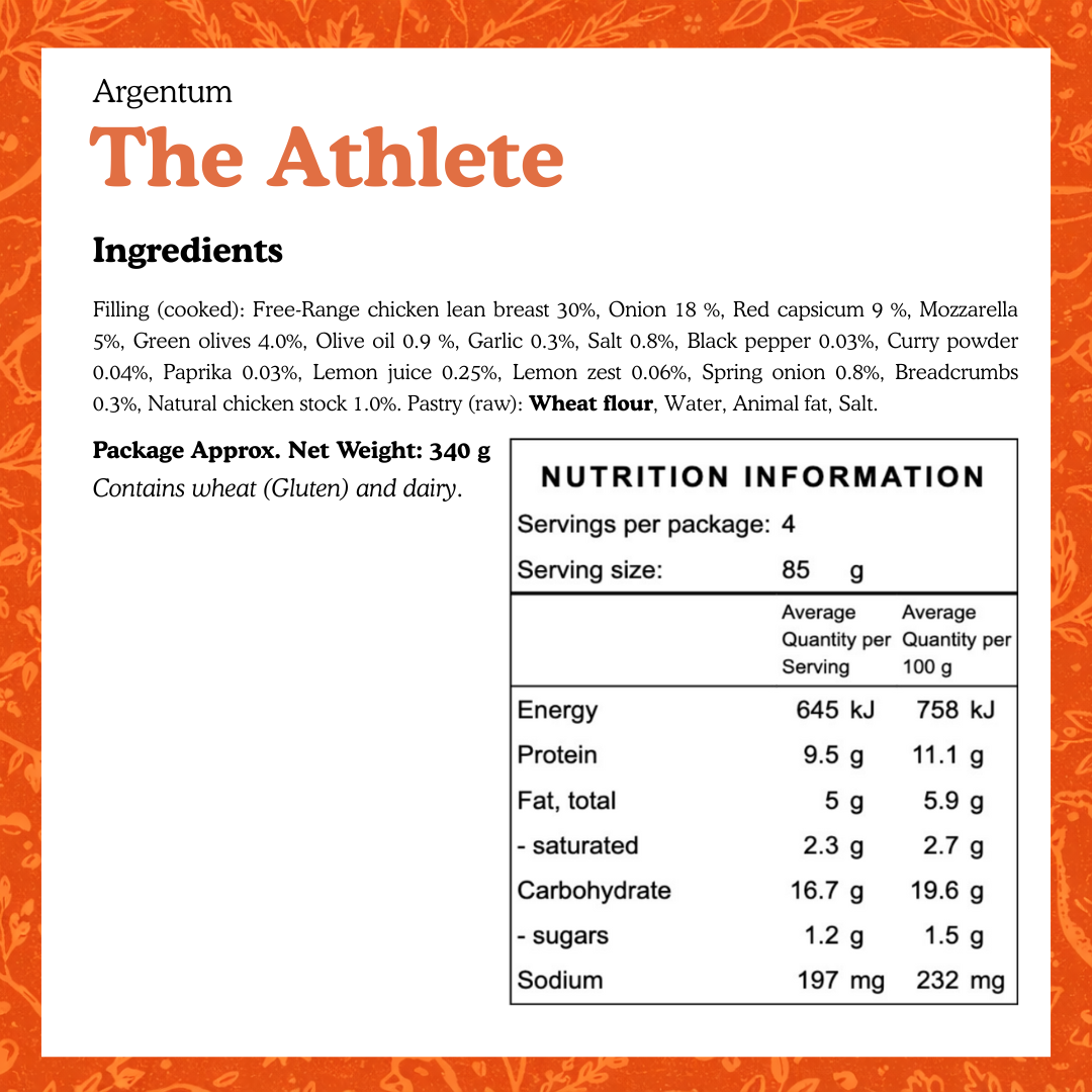Nutrition label for 'The Athlete' free range chicken product by Argentum with ingredients and nutritional information.