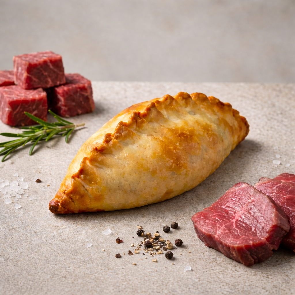 Beef empanada filled with slow-cooked grass-fed brisket, onion, garlic, and red capsicum. Frozen, premium, ready to bake. Argentinian empanada, Sydney, Bondi Beach.