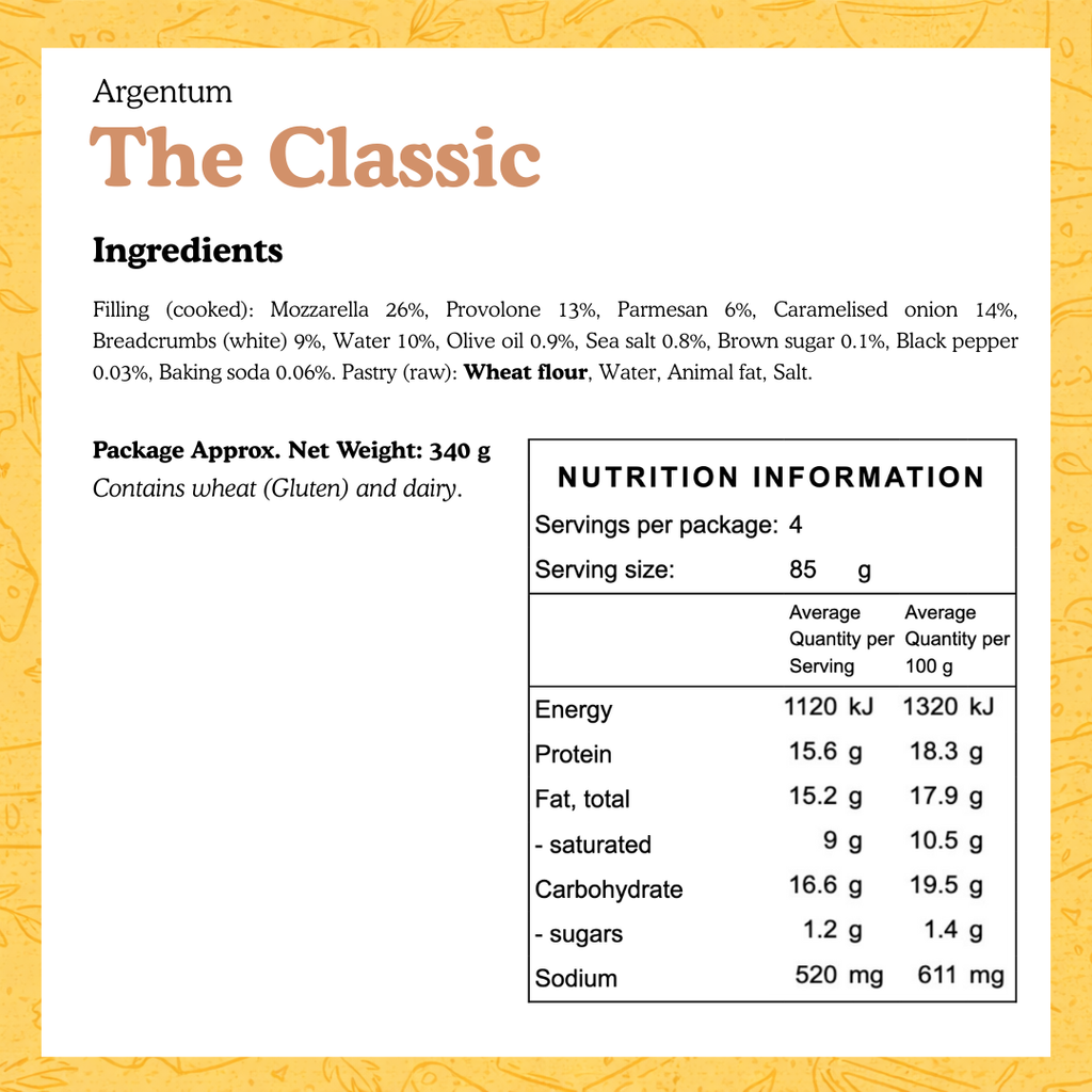 Nutrition label for 'The Classic' product by Argentum with ingredients and nutritional information.
