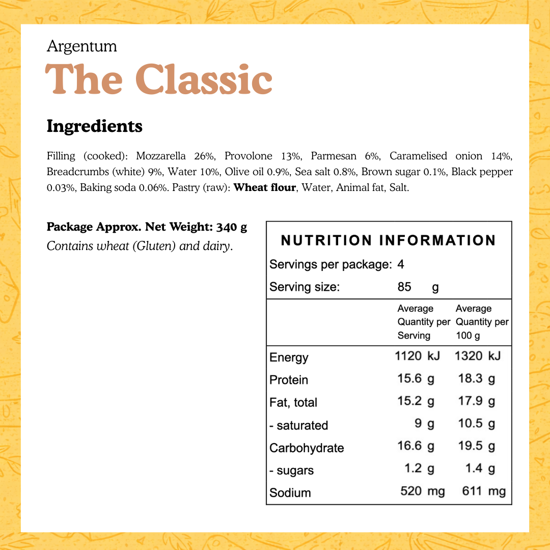 Nutrition label for 'The Classic' product by Argentum with ingredients and nutritional information.